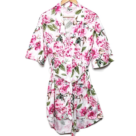 Show Me Your Mumu Women Floral Robe Pink White Botanical Short Sleeve Belted O/S - Picture 2 of 8